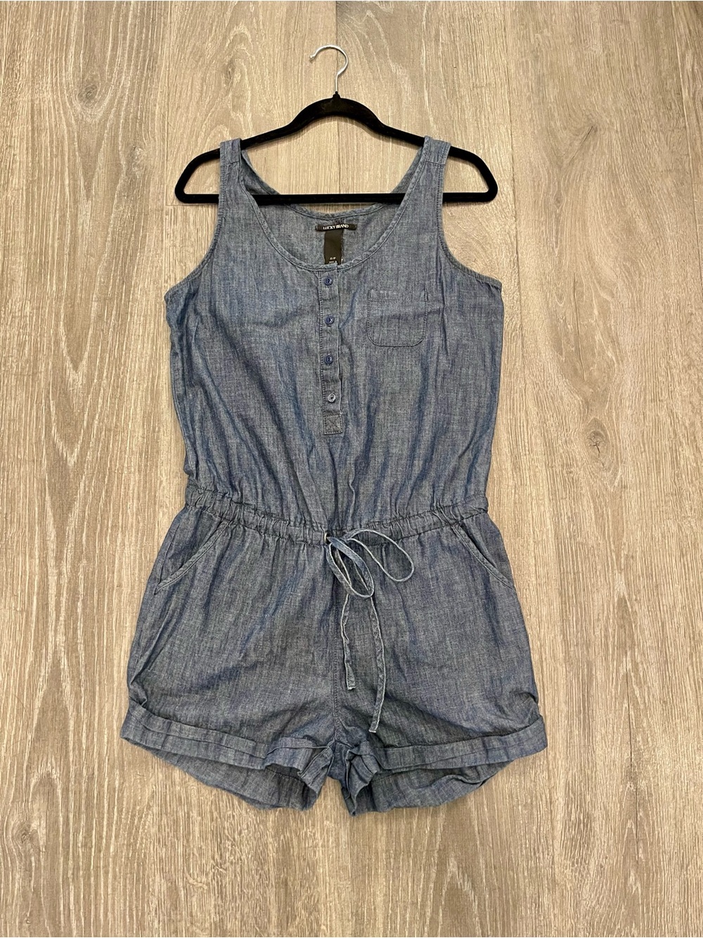 Lucky Brand Girls Chambray Drawstring One-Piece Romper - Denim Blue